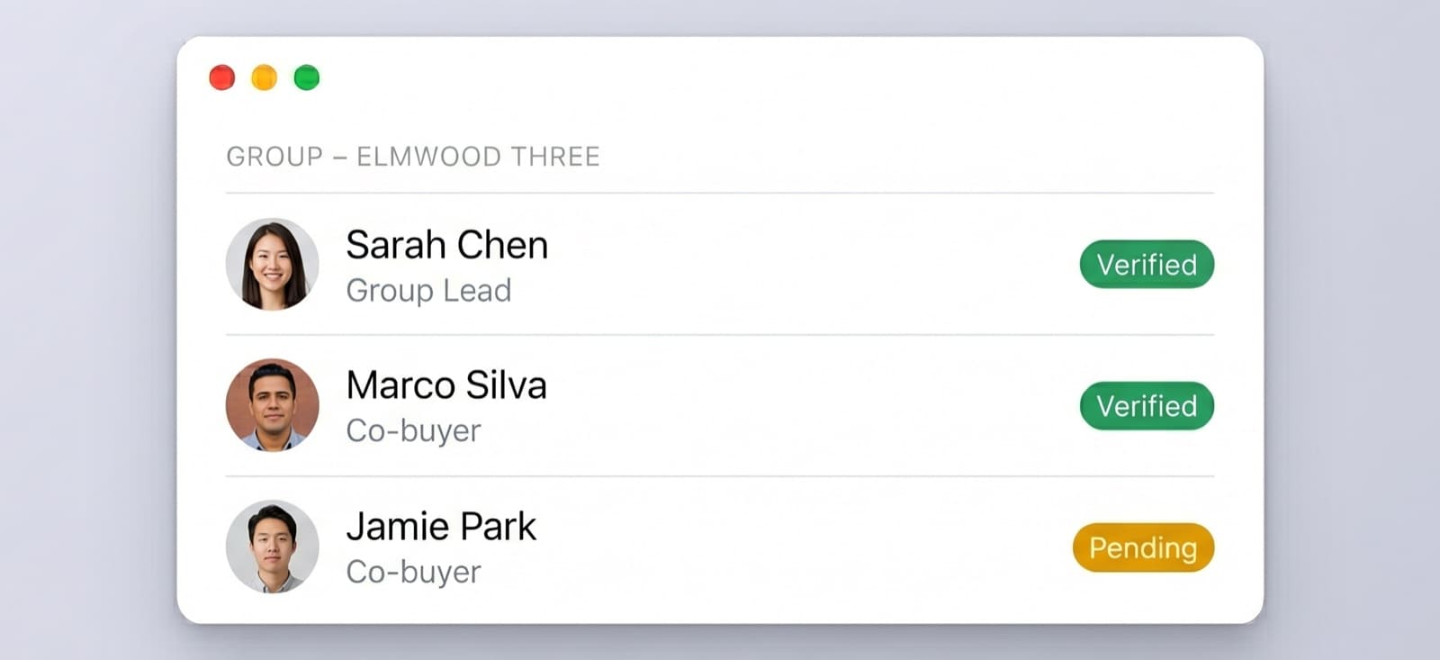 Group dashboard showing three verified co-ownership members